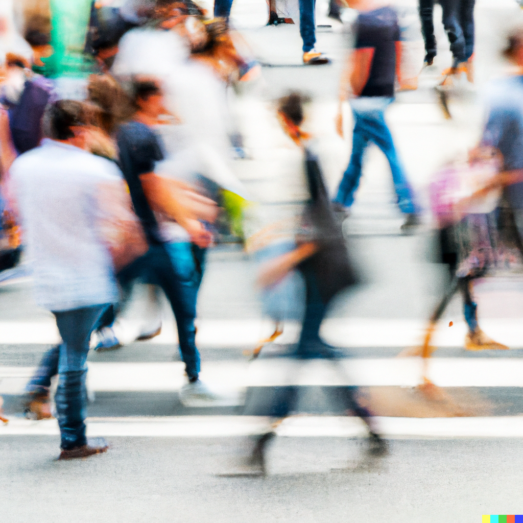 AI: Pedestrians walking on a busy street in urban landscape