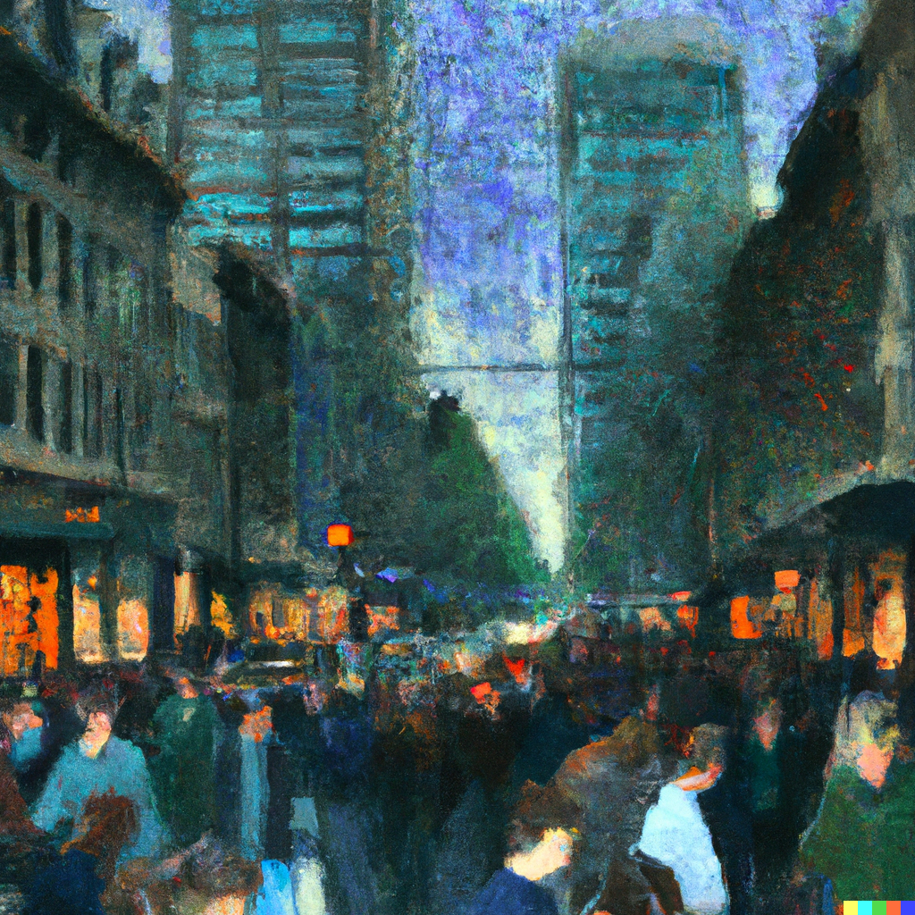 A picture of a busy pedestrian street in a modern city on Christmas in the style of Camille Pissarro
