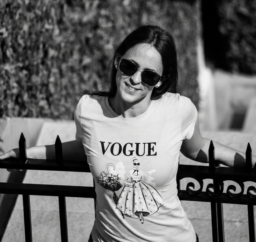 Black and white outdoor portrait shot in hard midday sun, subject leaning against an iron fence in front of a hedge