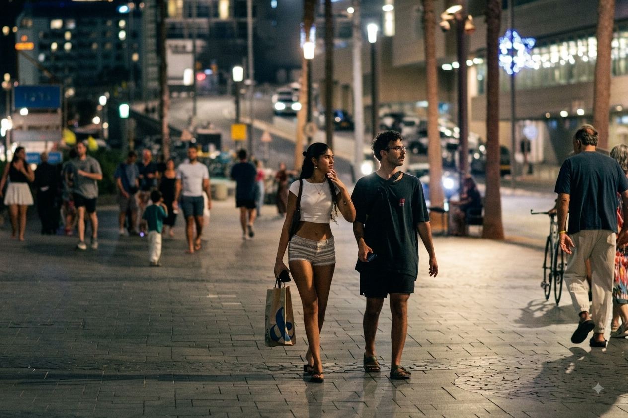 Two people walking along a lit seafront promenade at night, shot on a fast telephoto with the city dissolving into bokeh behind them