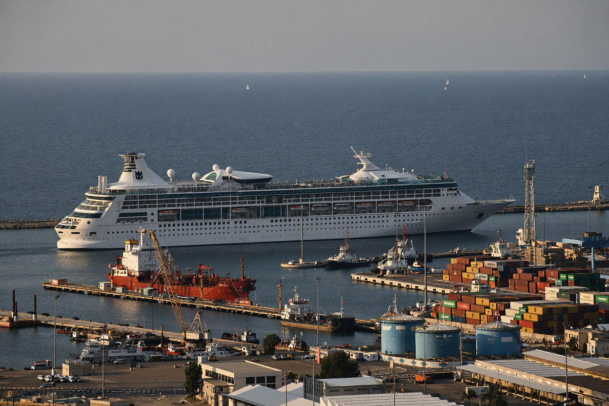 Cruise ship at berth beside a container terminal and offshore supply vessel