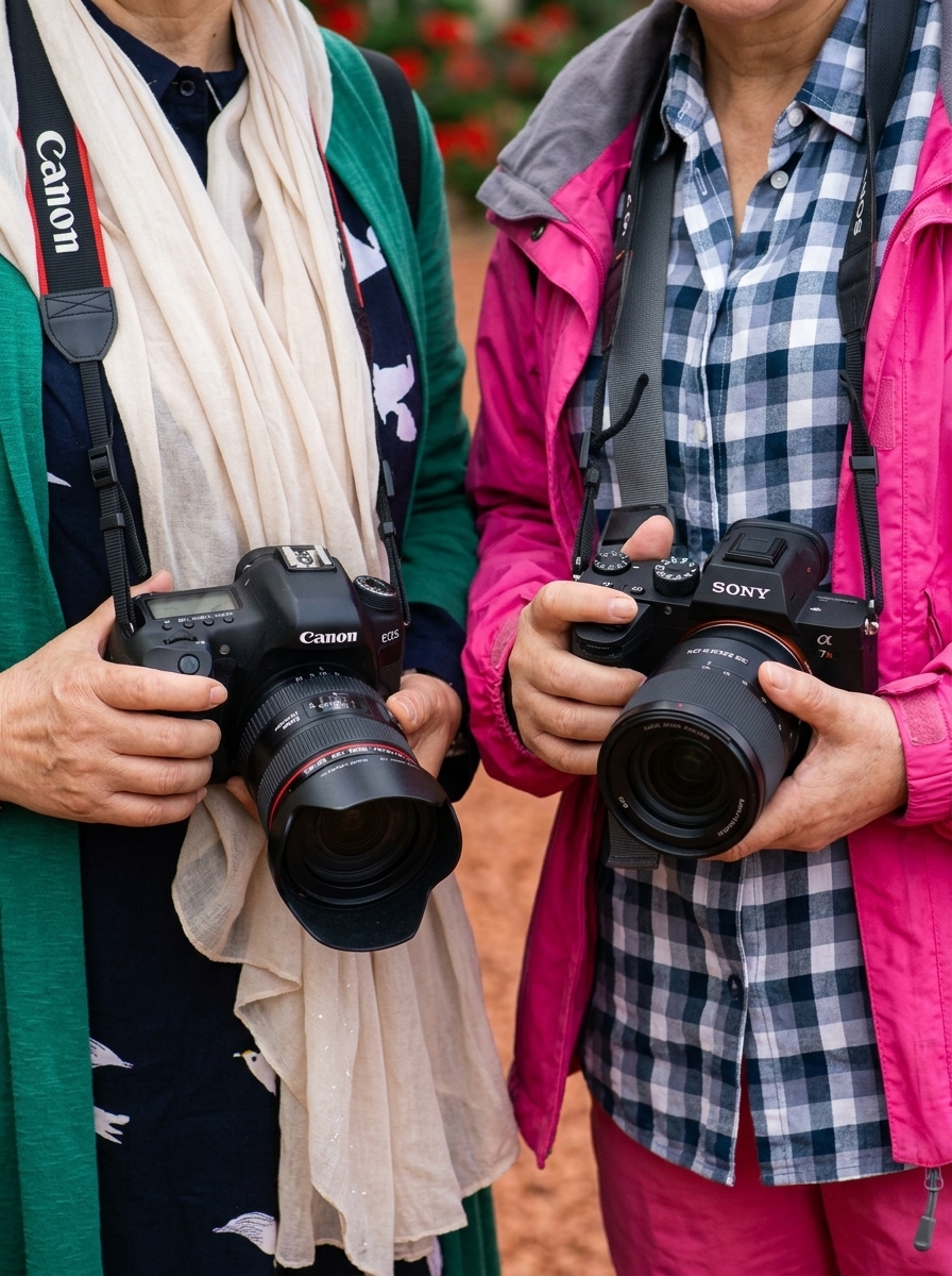 Two photographers holding a Canon DSLR with an L-series zoom and a Sony full-frame mirrorless body with a third-party prime