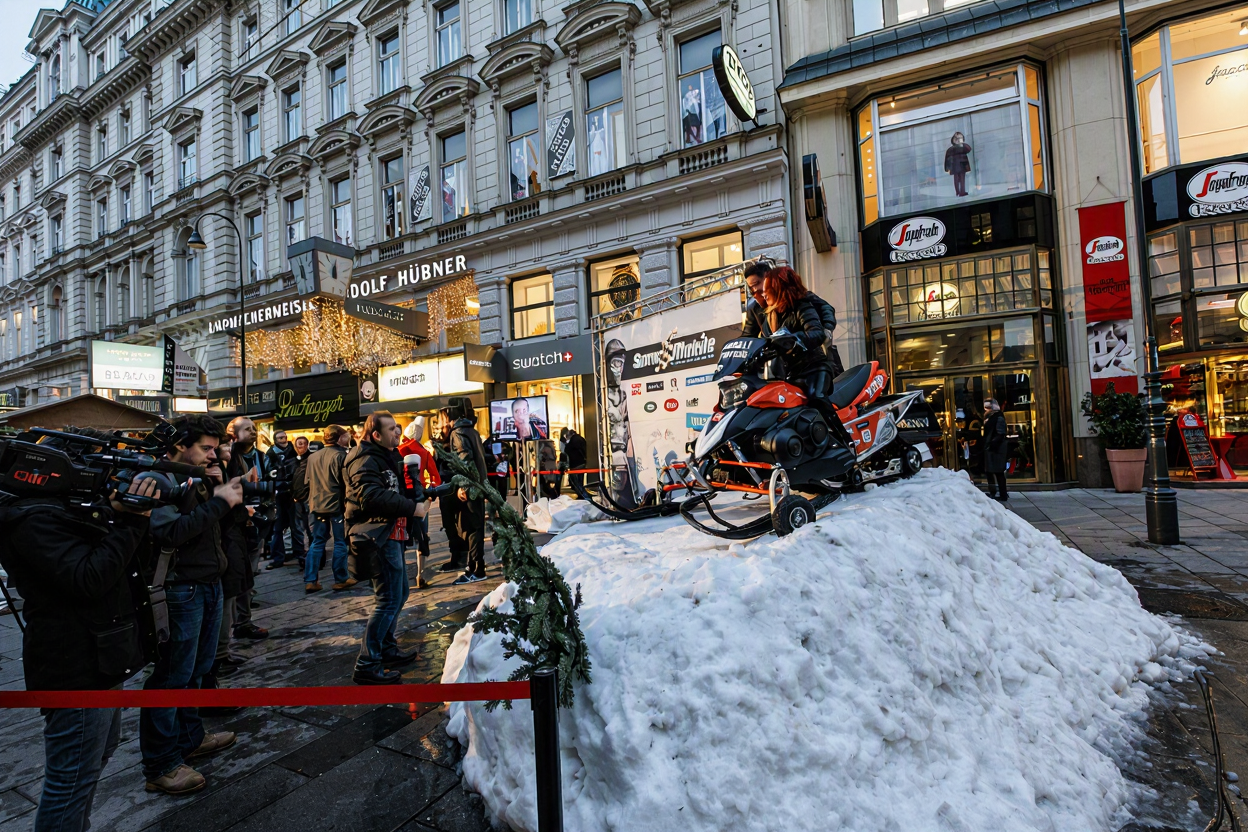 Snowmobile display on artificial snow in an Austrian shopping street, with press photographers behind a rope line