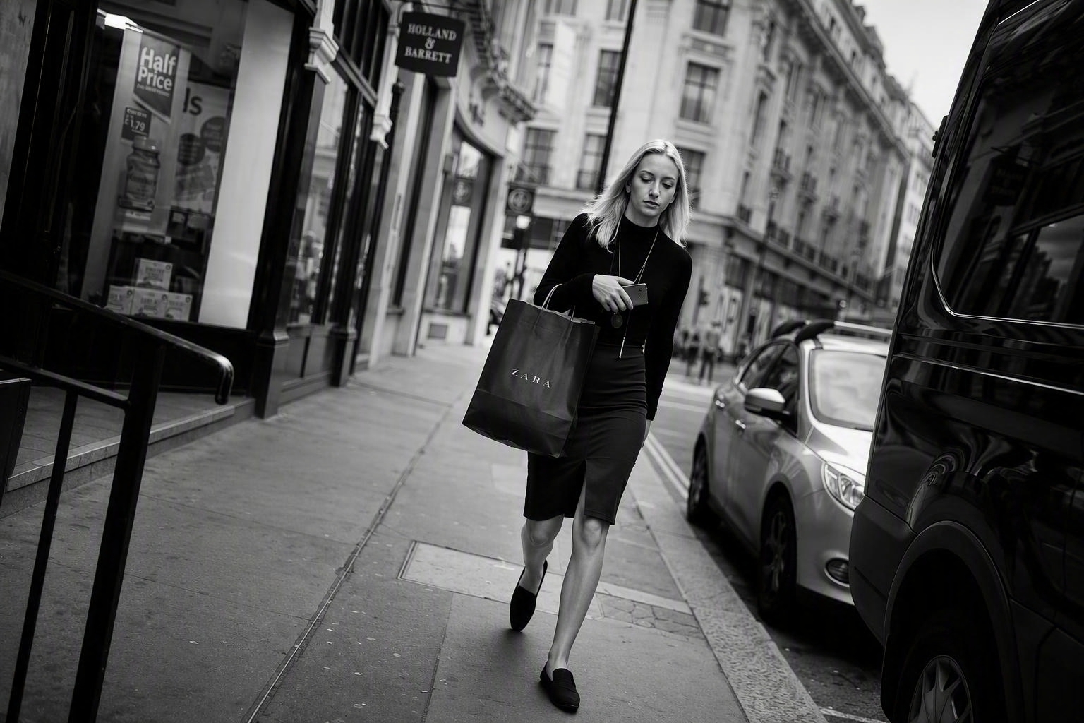 Woman in an all-black outfit walking along a British high street carrying a Zara bag