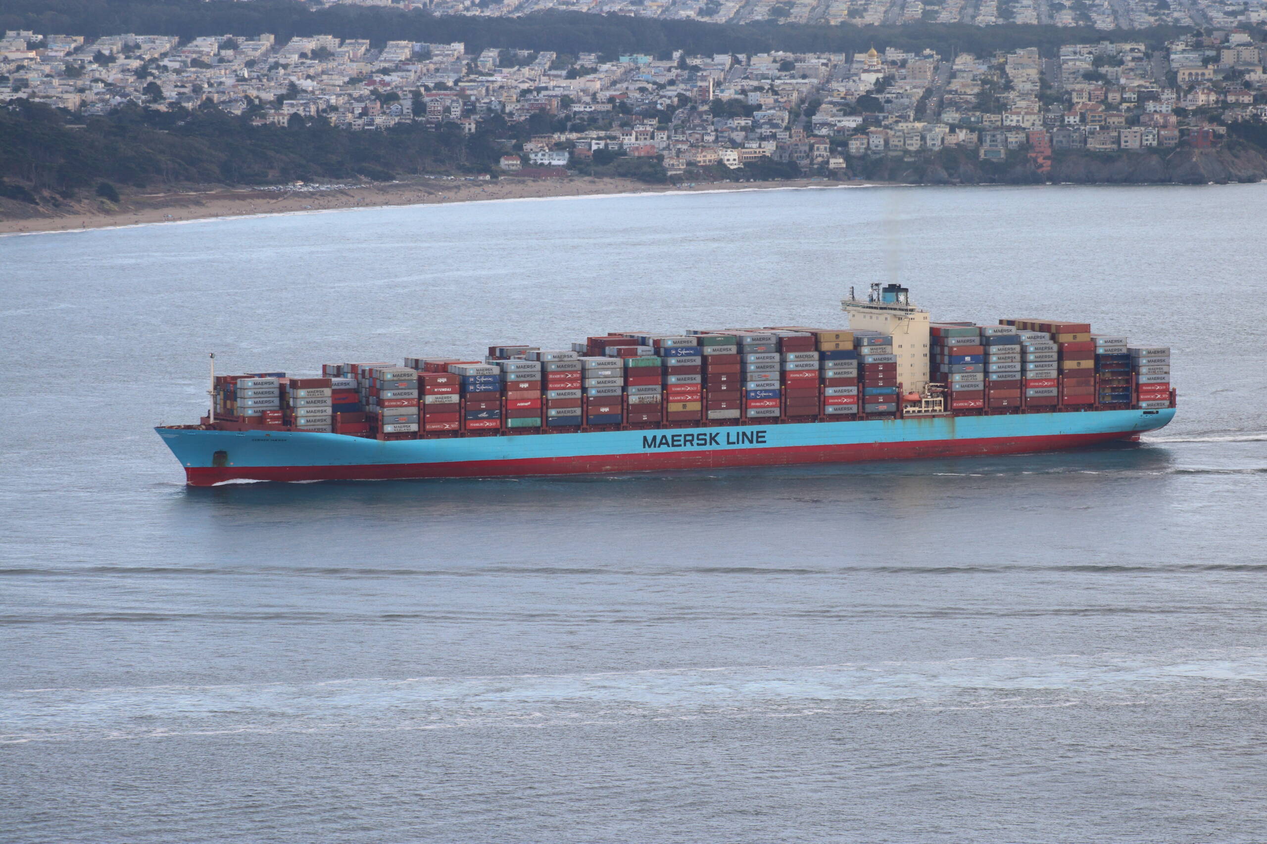A Maersk Line container vessel inbound through the Golden Gate