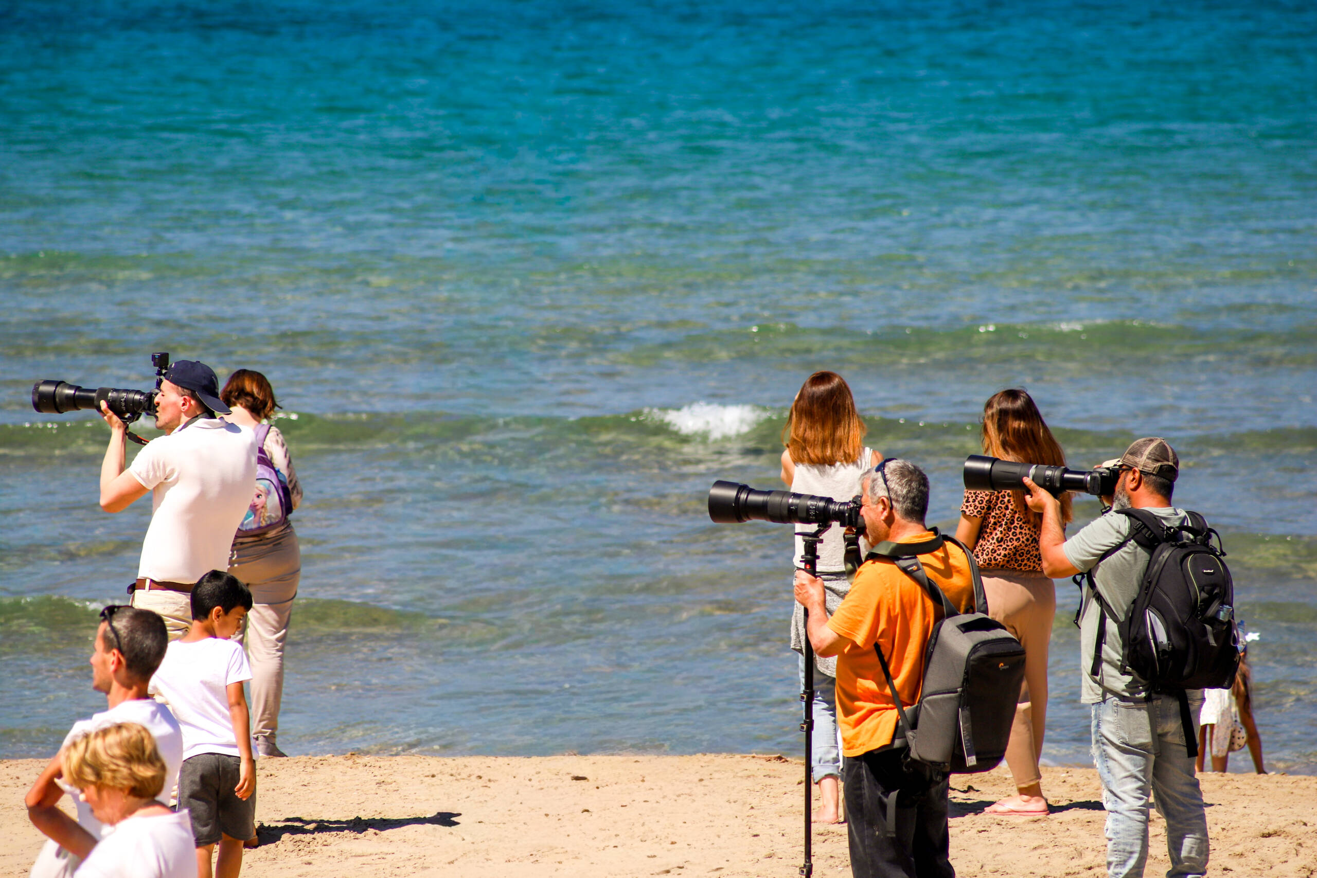 A line of photographers on a beach shooting an offshore subject with long telephoto lenses, one on a monopod, families and children in the foreground, bright midday sun on turquoise water