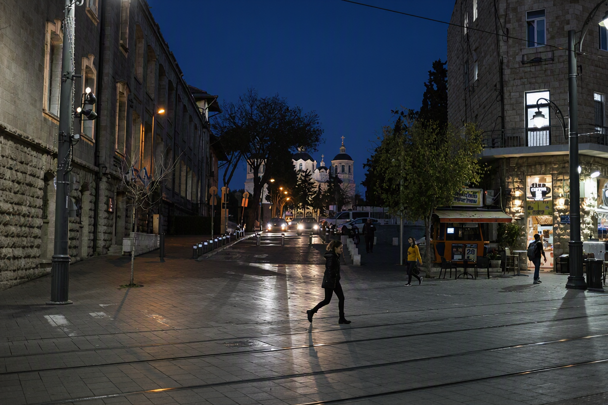 Blue hour on Jaffa Road, Jerusalem, with light rail tracks in the foreground and the Holy Trinity Cathedral domes at the end of the street