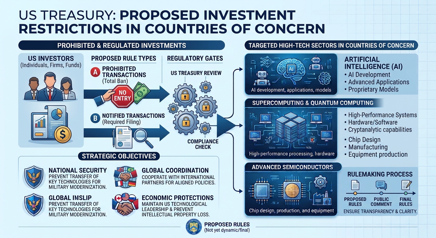 Illustration of the US Treasury proposed rule restricting US investment in AI, supercomputing, quantum and semiconductor firms in countries of concern such as China and Russia