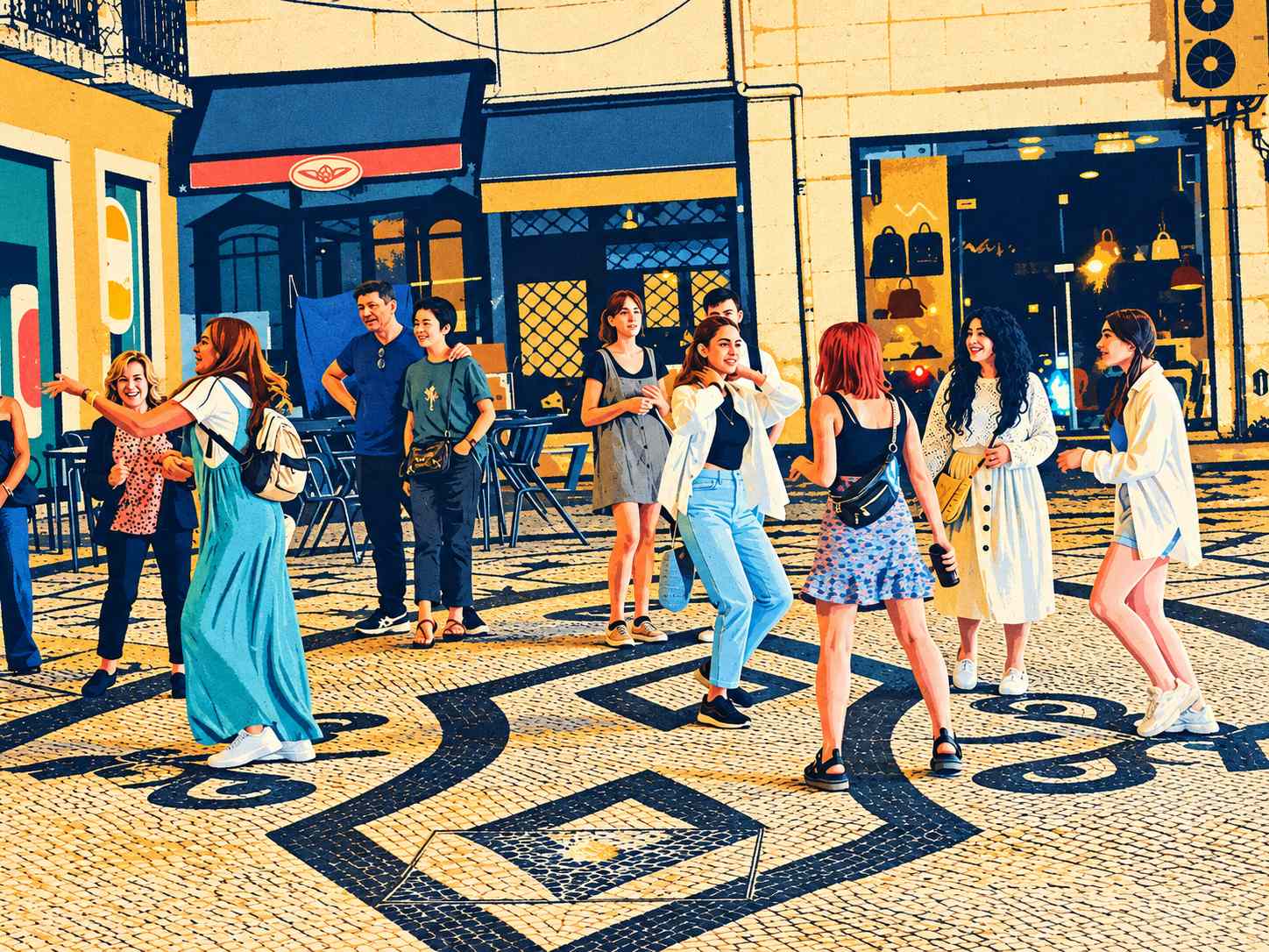 Posterized street dancers in turquoise, cream and coral clothing above sweeping navy mosaic pavement patterns, with golden shopfronts behind them.