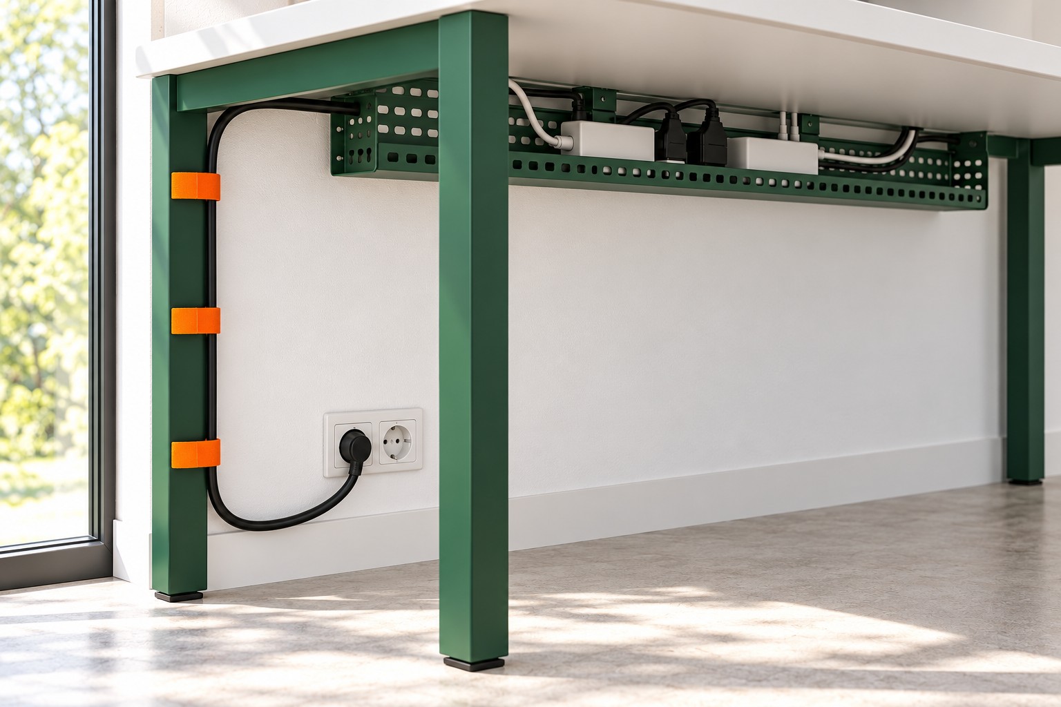 Close view under a white desk showing an open cable tray with a power strip and charger, and a cable held by orange straps running down a green leg to a wall outlet.