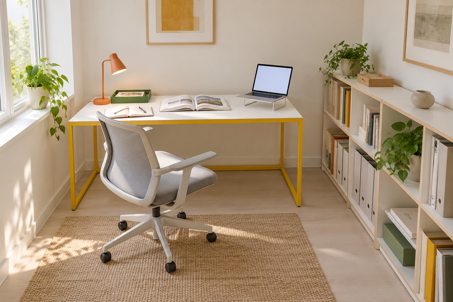 White desk on a yellow steel frame with an open book and notebook in the centre, an orange lamp, a green paper tray and a laptop on a stand at one end, beside low white book storage.