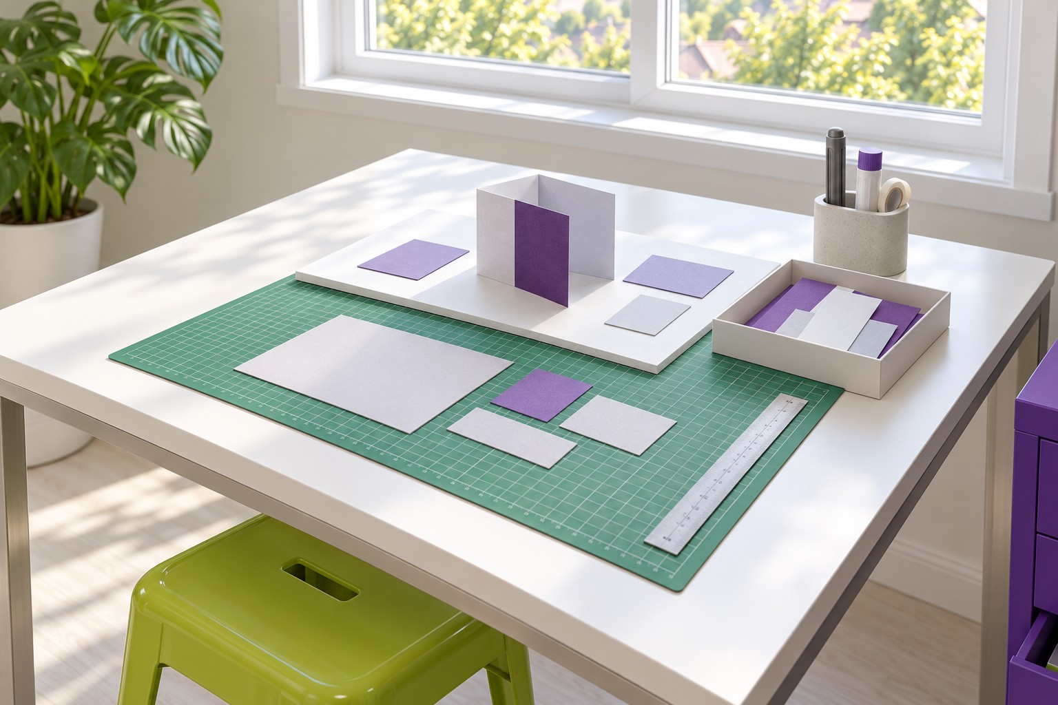 Close view of a white table with a green cutting mat, cut card pieces, a steel ruler and a white board holding a half-built card model, with a retracted craft knife in a holder at the back.