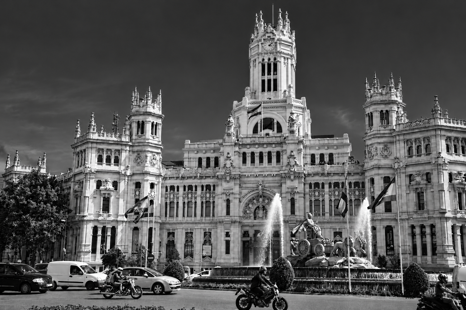 High-contrast black-and-white interpretation of Palacio de Cibeles