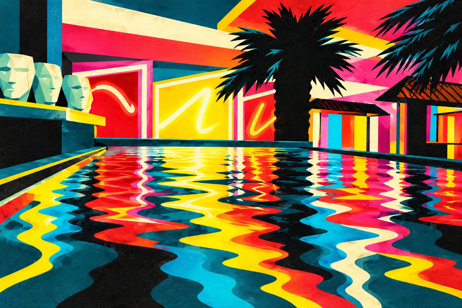 Abstract neon pool poster with black palm silhouettes, pale sculptural heads, red and yellow geometric walls, and flowing pink, cyan and yellow reflections.