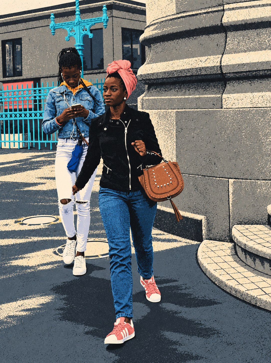Two women walking beside turquoise ironwork and a curved stone wall, the woman in front wearing a pink headwrap, black jacket, blue jeans and pink sneakers