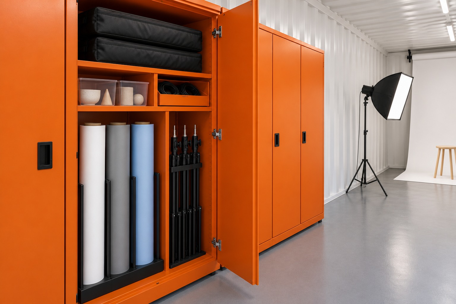 Open orange steel cabinet holding upright paper rolls, folded light stands, coiled cables and equipment bags, with the studio softbox and backdrop beyond.