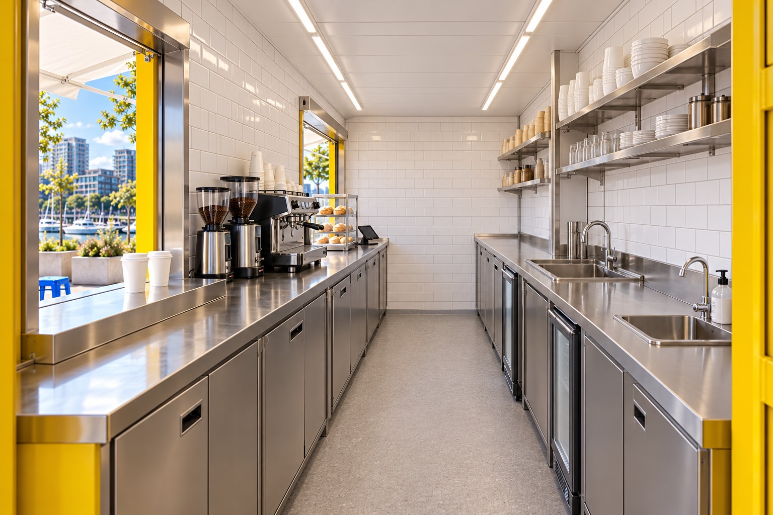 Narrow stainless-steel cafe interior with two service hatches and an espresso machine on the left, and separate handwash and equipment-washing basins on the right.