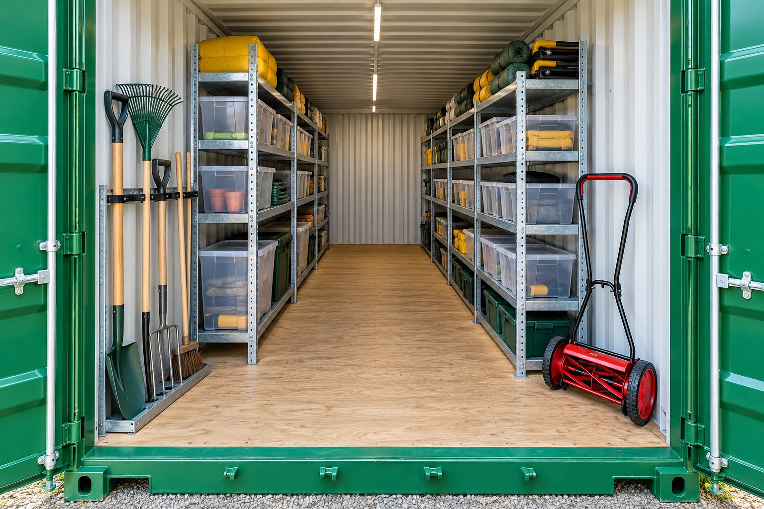 Open green cargo doors frame galvanized shelves of translucent bins, hanging garden tools, a red manual mower and a clear timber-floor aisle to the back.