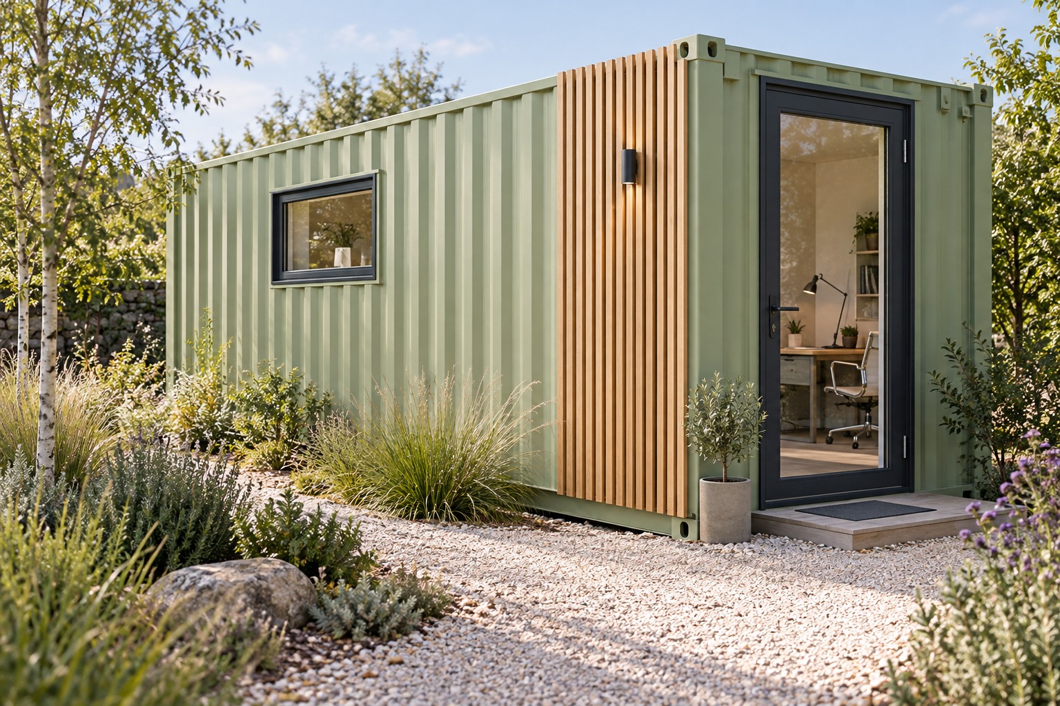 A light-green container office has a small side window, dark-framed glazed entrance and timber screen beside a gravel garden path.