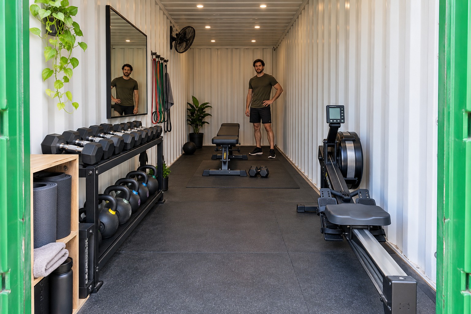 AI-generated concept of a furnished green container gym with a rowing machine, dumbbells, kettlebells, adjustable bench, bands and a standing adult.