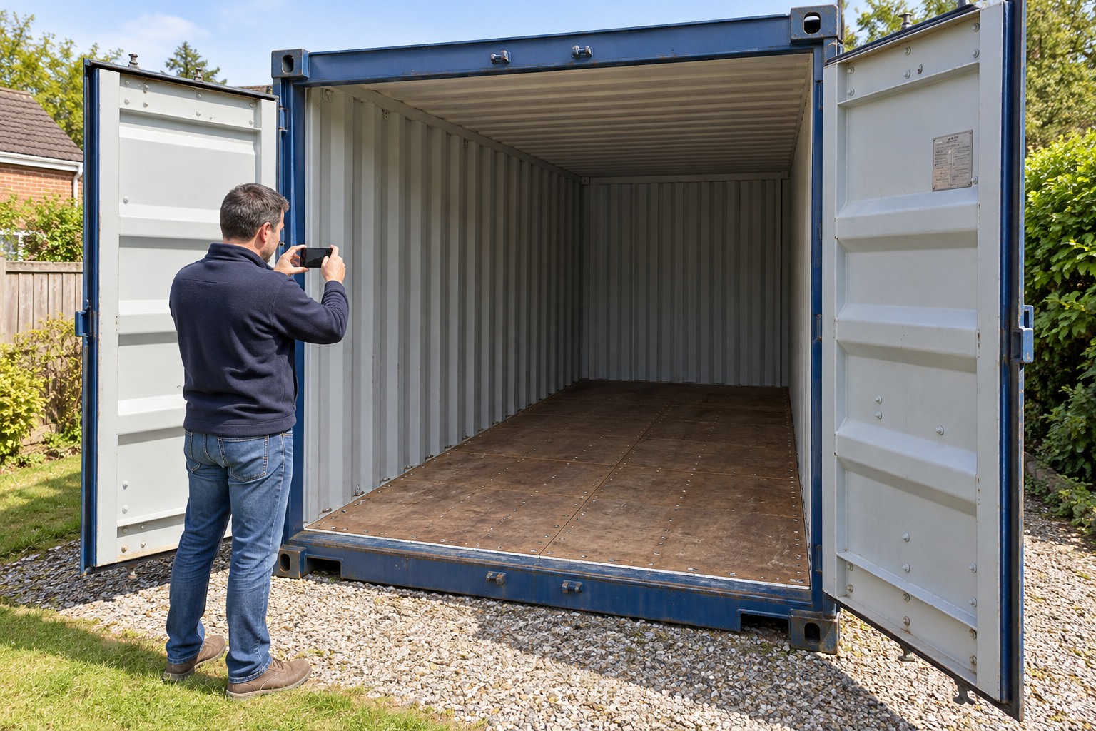 AI-generated concept of a container’s worn timber floor being photographed from outside the open doors.